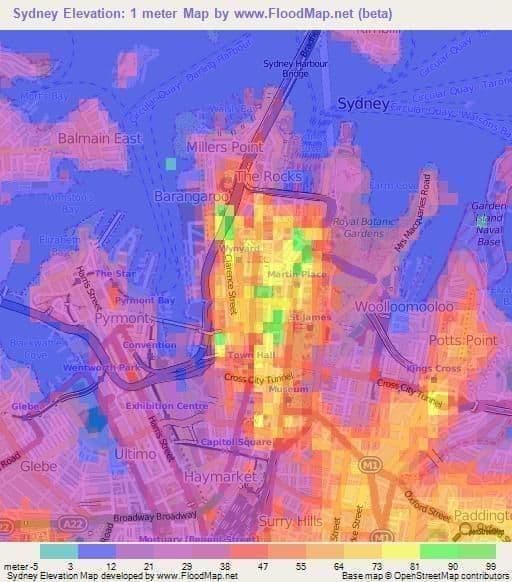 Sydney elevation map